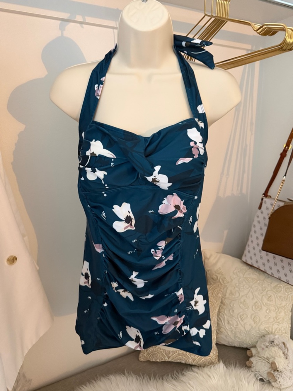 Deep Teal Floral Halter One-Piece Swimsuit